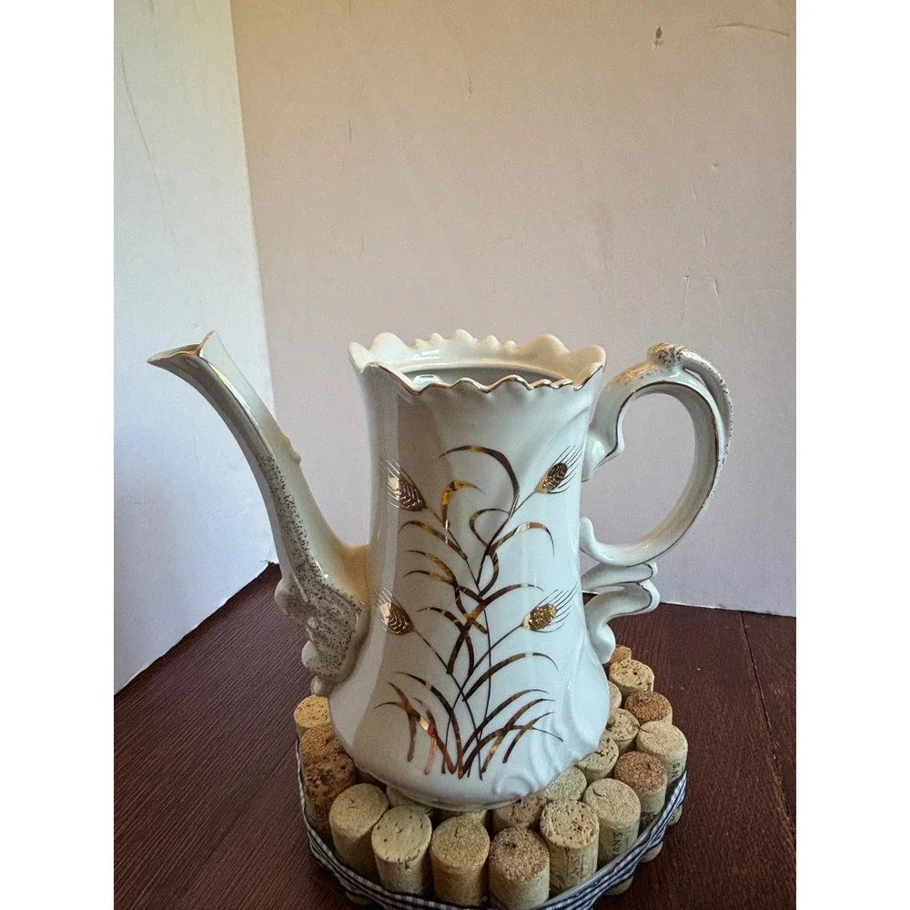 Lefon China Vintage Hand Painted Gold Wheat Tea Set Teapot Sugar Creamer 20595